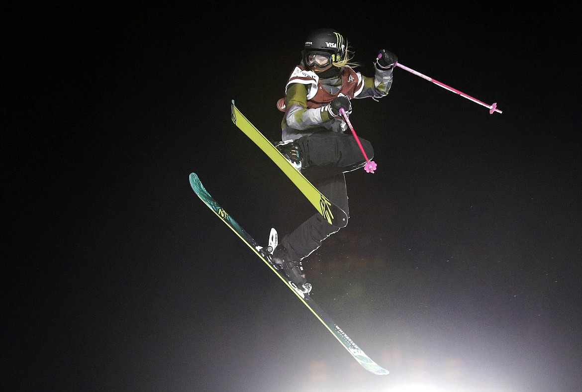 Maggie Voisin, of the United States, jumps during the Big Air at Fenway skiing and snowboarding U.S. Grand Prix tour event at Fenway Park, Friday, Feb. 12, 2016, in Boston. (AP Photo/Elise Amendola)