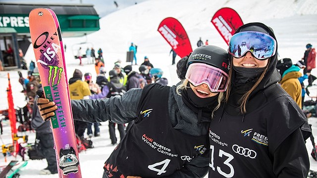 Whitefish&#146;s Maggie Voisin, left, and Missoula&#146;s Darian Stevens pose for a photo after the qualifying round of the Winter Games NZ on Saturday at Cardrona Alpine Resort in New Zealand.