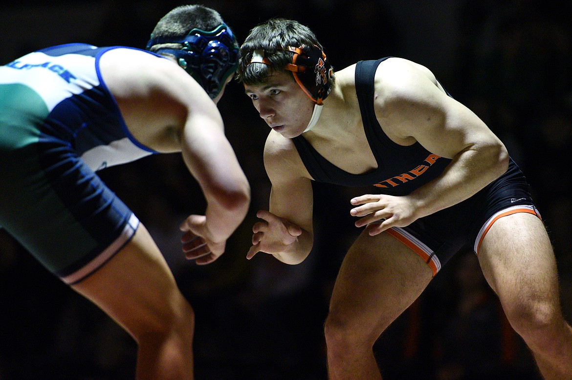 Flathead's Tucker Nadeau squares off against Glacier's Wes Palmer at 182 pounds on Thursday at Flathead High School. Nadeau won by pin. (Casey Kreider/Daily Inter Lake)