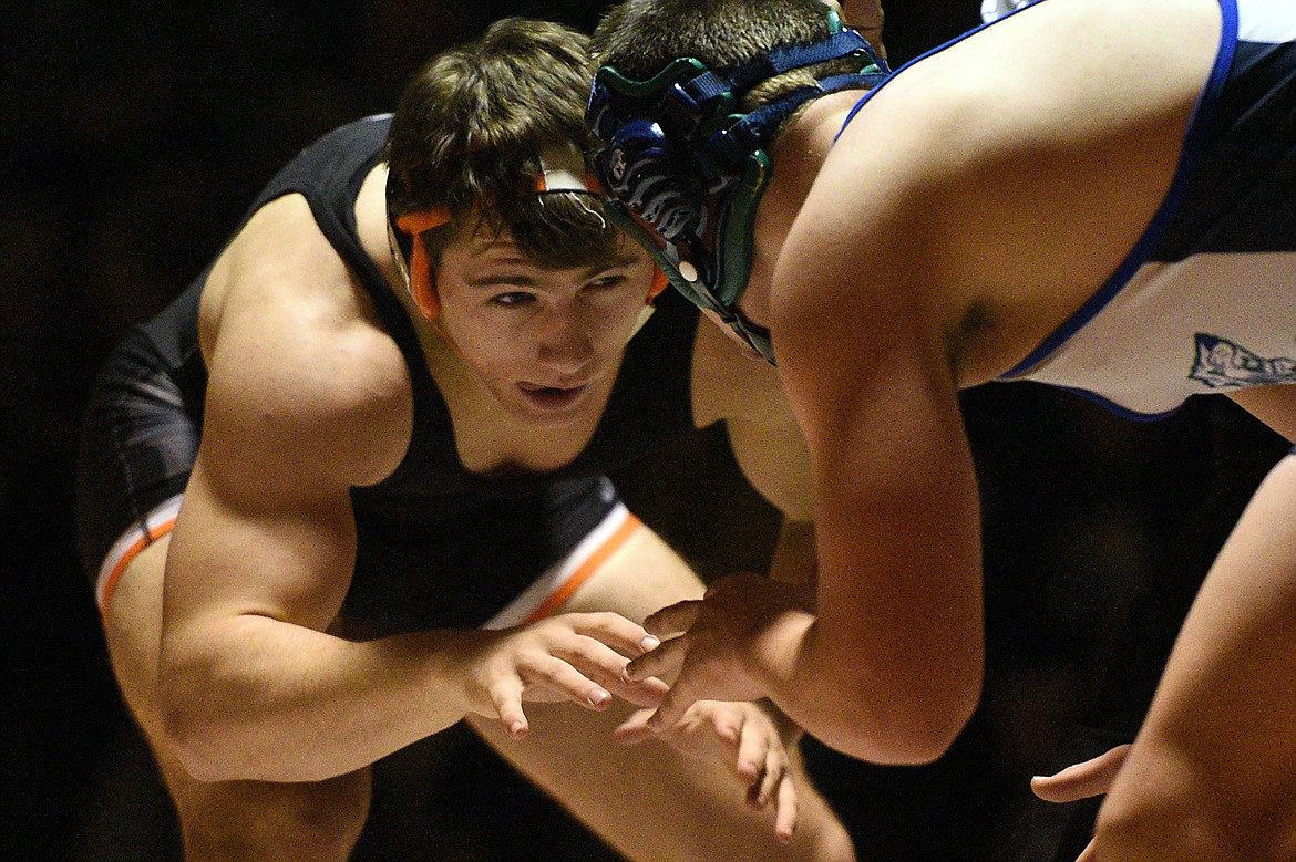 Flathead's Tucker Nadeau squares off against Glacier's Wes Palmer at 182 pounds on Thursday at Flathead High School. Nadeau won by pin. (Casey Kreider/Daily Inter Lake)