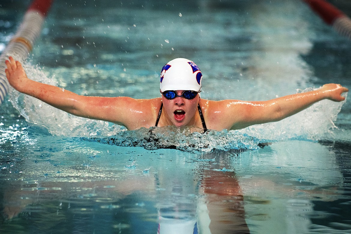 Hannah Callender swims to a third-place finish in the 100 yard butterfly Saturday. (Jeremy Weber photo)