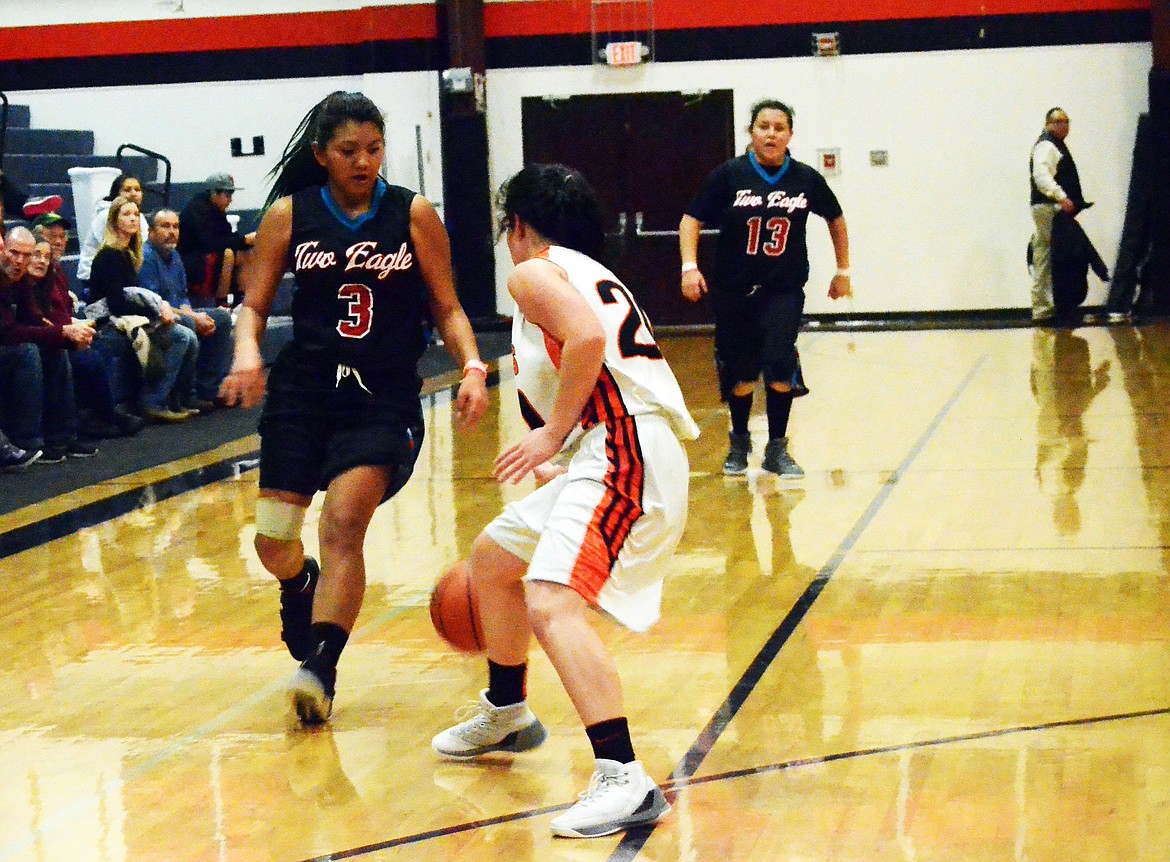 Trotter Hayley Josephson (20) steals the ball from Lady Eagle Chayla Russell (3).