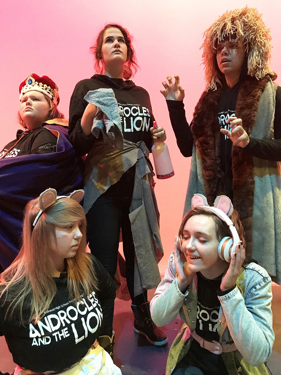 The cast of &#147;Androcles and the Lion&#148; Back Row: (L-R) Alix Major as Narrator, Aubry Call as Androcles, Korbyn Rague as Lion  Front Row: (L-R) Kalea Quinby as Moms and Moriah Schutt as Mouse. (Photo courtesy of Flathead High School)