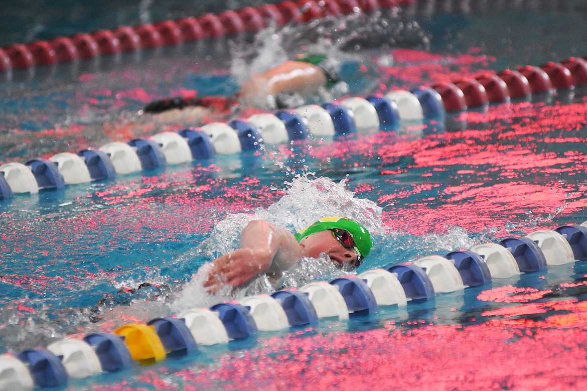 Annie Sullivan races her way to a first place finish in the 500 yard freestyle during Saturday&#146;s Dog-Cat Invite at The Wave in Whitefish. (Daniel McKay/Whitefish Pilot)