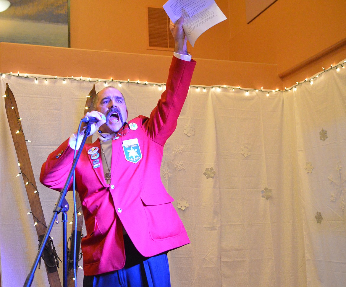 Winter Carnival Prime Minister Jeff Raper warms up the crowd Saturday at the O&#146;Shaughnessy Center before the coronation ceremony for the Carnival king and queen.  (Heidi Desch/Whitefish Pilot)