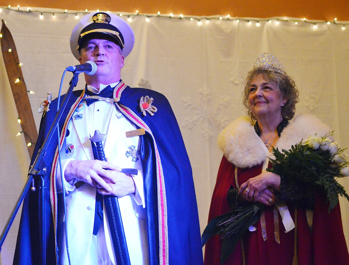 Whitefish Winter Carnival King Ullr LIX Paul Johannsen with Queen of Snows Lani Johnson addresses the crowd Saturday following the Winter Carnival coronation ceremony at the O&#146;Shaugnessy Center (Heidi Desch/Whitefish Pilot)