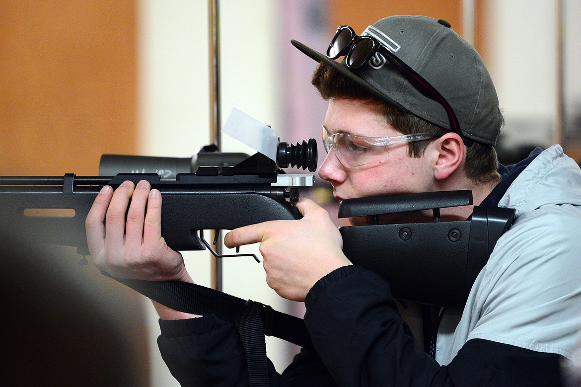 Kyler Baldwin, of Kalispell, competes in the advanced air rifle competition during the Flathead County 4-H Shooting Sports Invitational at the Flathead County Fairgrounds on Saturday. (Casey Kreider photos/Daily Inter Lake)