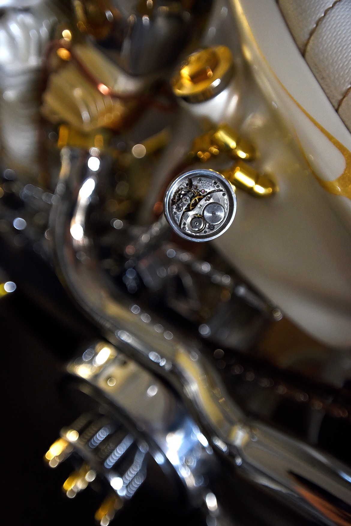 Details of the motorcycle &#147;Dyslexia&#148; by Hawke Lawshe. The timepiece in this gear shift was a piece Lawshe got from his wife. 
(Brenda Ahearn/Daily Inter Lake)