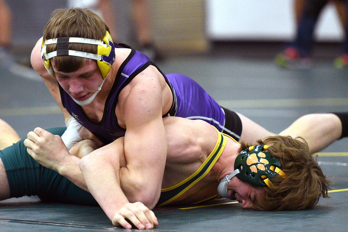 Polson&#146;s Cameron Brown wrestles Whitefish&#146;s Jack Eisenbarth at 145 pounds at the Whitefish Duals at Whitefish High School on Friday. Brown won by pin. (Casey Kreider/Daily Inter Lake)