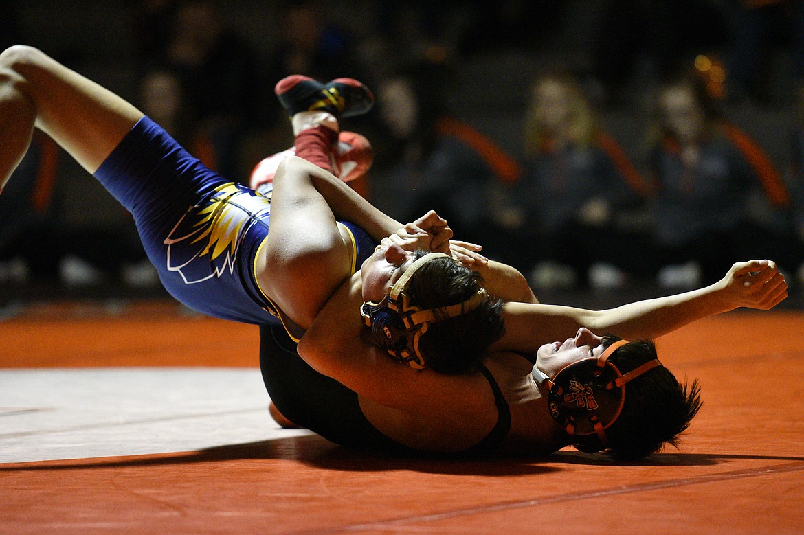 Flathead&#146;s Damian Naldrett wrestles Missoula Big Sky&#146;s Alex Grandbois at 113 pounds at Flathead High School on Thursday. Naldrett won by pin. (Casey Kreider/Daily Inter Lake)