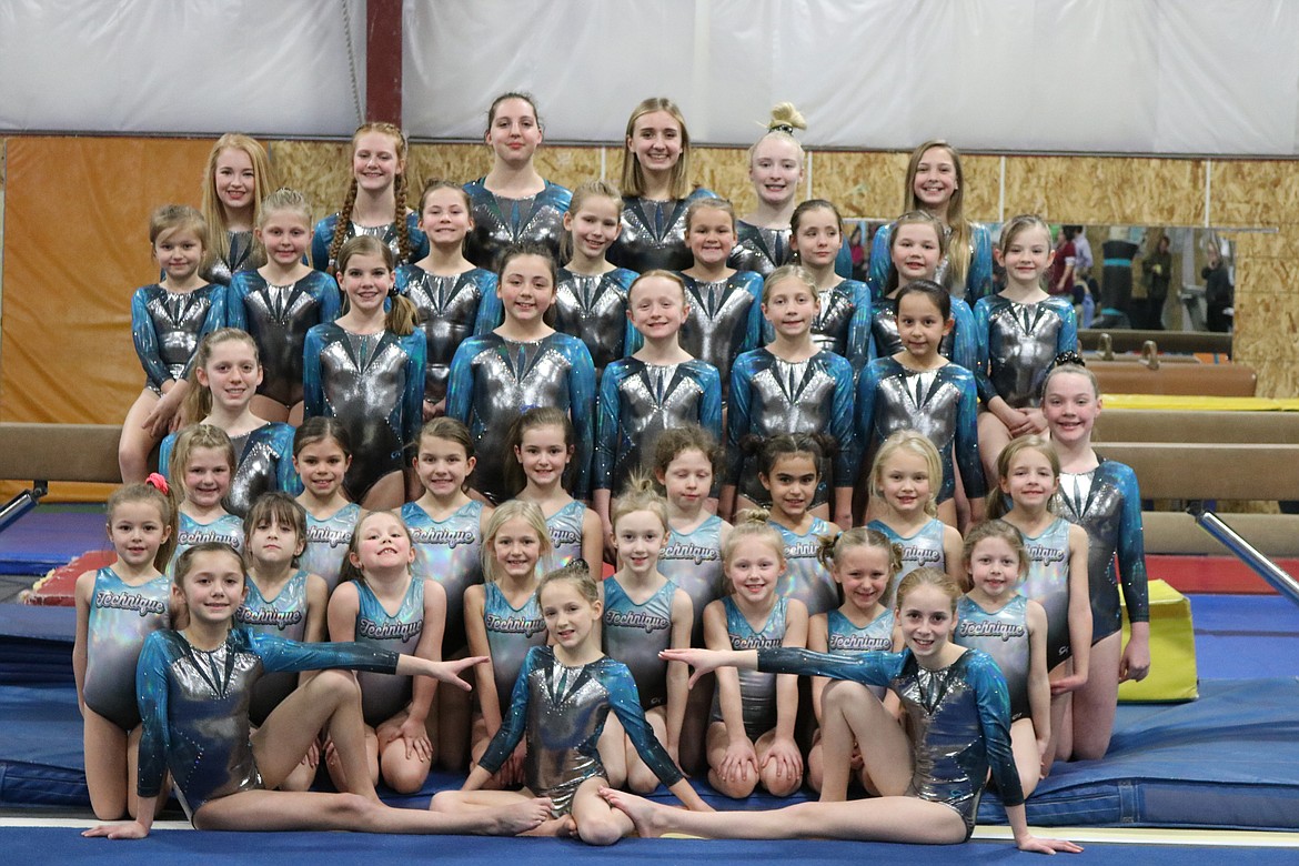 Courtesy photo
Technique Gymnastics traveled to Kalispell, Mont., for the Glacier Challenge  on Jan. 20-21. In the front row from left are Dianna Bustillos, Cadence Wurster and Naomi Fritts; second row from left, Madeleine Hoare, Taylynn Lee, Natalie Prince, Libby Huffman, Jorgia Smither, Josslyn Clements, Kendall Tryon and Neva Mattison; third row from left, McKenzie Labelle, Drew Merk, Sierra Harvey, Elizabeth Hoare, Karlie Mosqueda, Layla Castro, Lillian Welton and Zoey Fletcher; fourth row from left, Kaitlynn Butler, Charlotte Hite, Mackenzie Wyant, Mady Riley, Caitlin Costello, Morgan Rossberg and Elyse Hemenway; fifth row from left, Brooklynn Widmer, Laila Gilbreath, Ava Nordberg, Jaylin Koneval, Elsa Laker, Kirsten Iames, Khloe Martin and Viviann Crebs; and back row from left, Natalie Prince, Amber Shoolroy, Mallory Okon, Ana Pearse, Bethany Frey and Kayla Nelson.