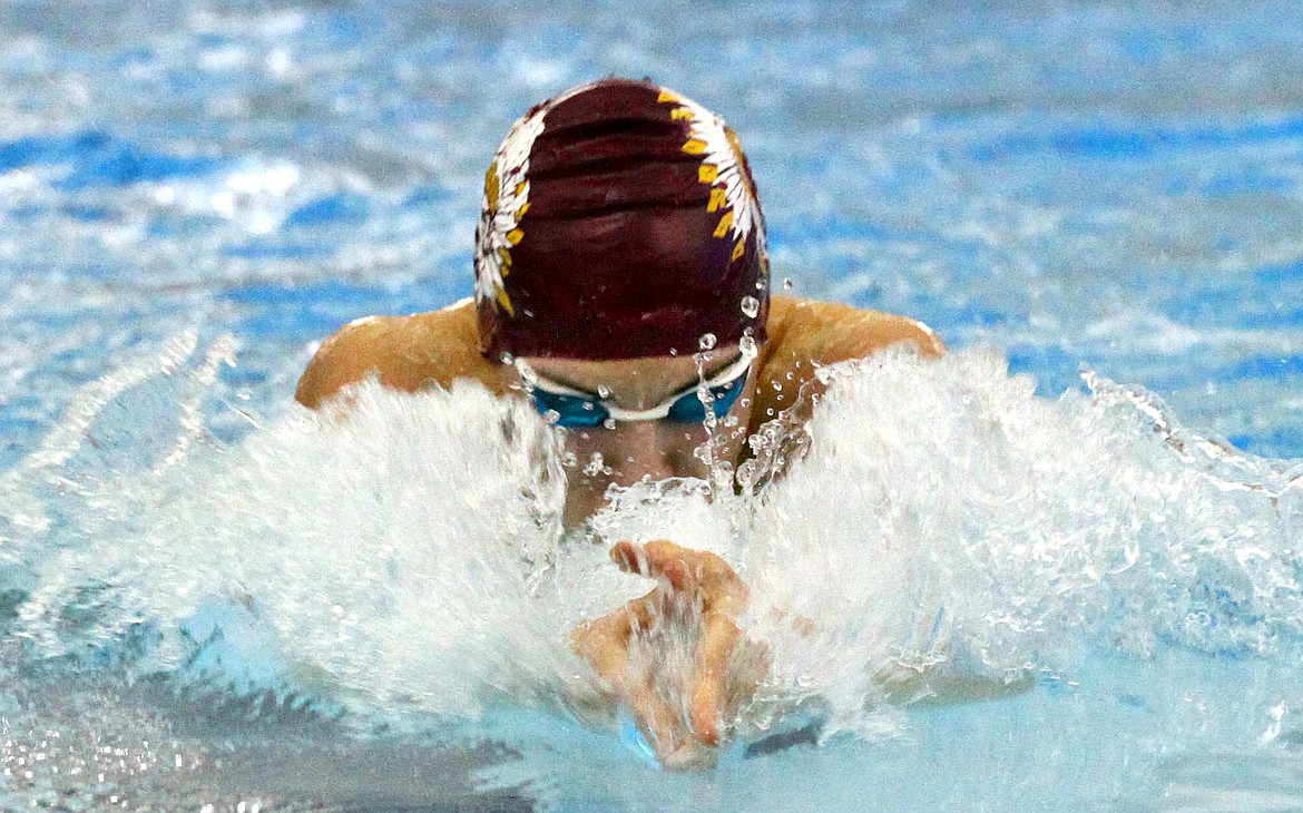 Rodney Harwood/Columbia Basin Herald
Moses Lake freshman Zach Washburn has met the state qualifying time in eight different events. He swam the 100-yard breaststroke on Thursday at the CBBN swimming and diving championships at the Tony St. Onge Pool of Dreams.