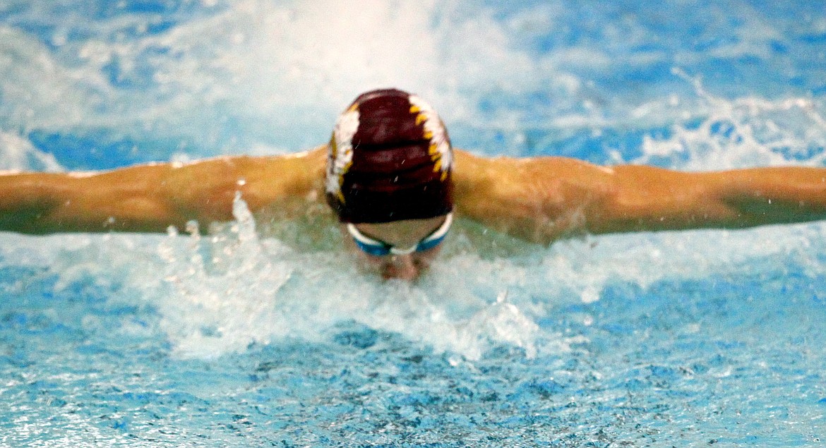 Rodney Harwood/Columbia Basin Herald
Moses Lake freshman Zach Washburn set the new school record in the 100-yard butterfly on Thursday at the CBBN swimming and diving championships. Washburn clocked in at 52.22 seconds.