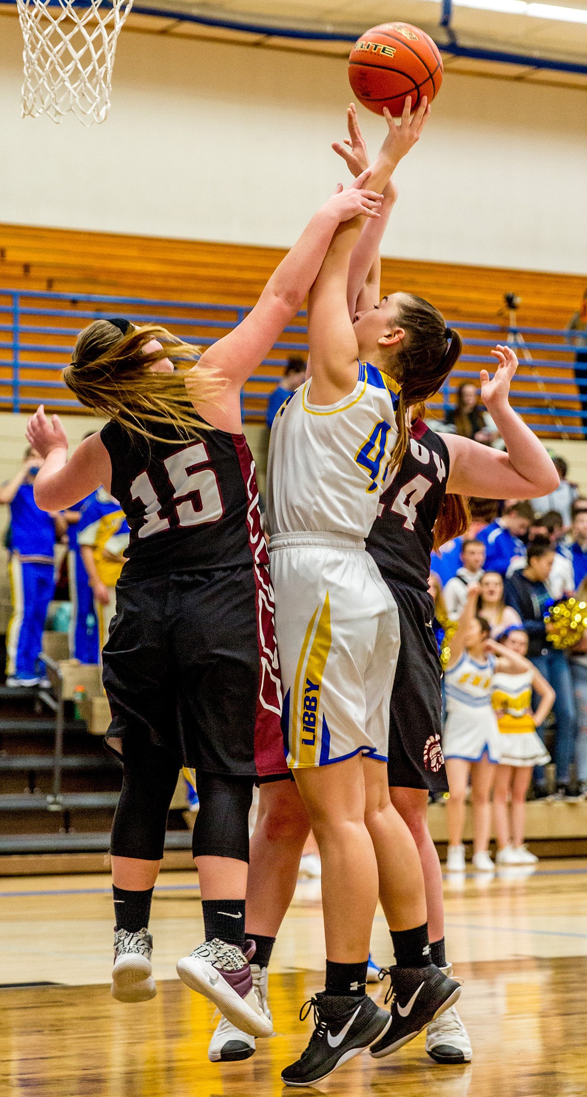 Libby&#146;s Brooklyn Rainer is fouled by Troy&#146;s Kaitlyn Downey Thursday, Jan. 25. (John Blodgett/The Western News)