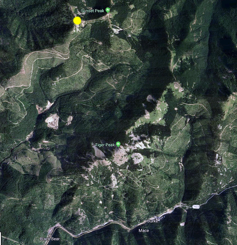 Image courtesy of GOOGLE MAPS
The yellow dot shows the location of Goose Peak where a radio repeater tower was recently damaged by the rough winter weather prompting a reaction from Shoshone County officials.