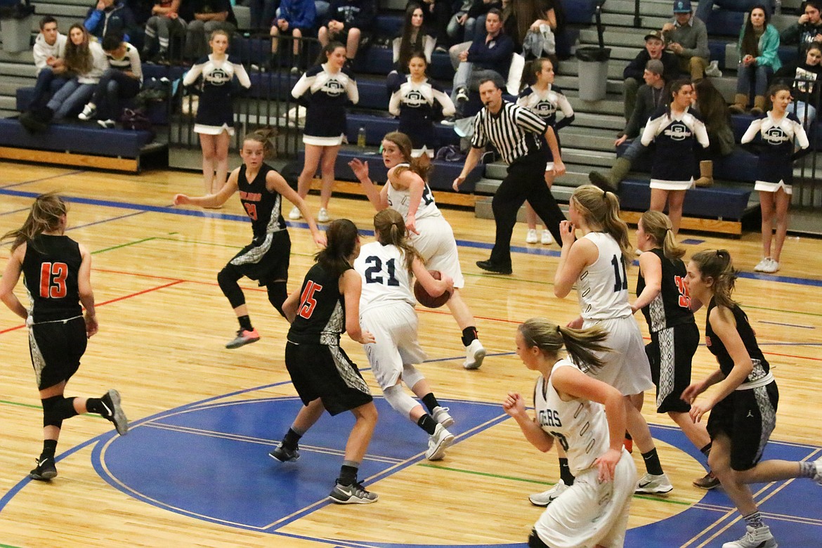 Photo by Mandi Bateman
Holly Ansley takes the ball away from the Badgers court.