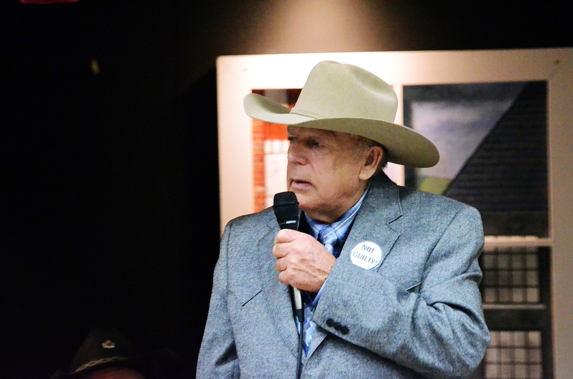 Cliven Bundy speaking in front of a packed house at the Paradise Event Centre  (Erin Jusseaume/ Clark Fork Valley Press)