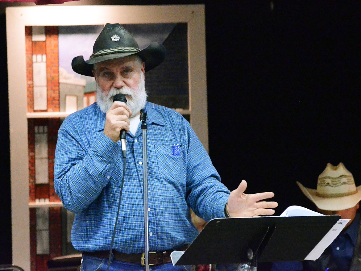 Speaker Billy Hill of Sanders County not only tells his story, but explains to the crowd why be started COWPO  (Erin Jusseaume/ Clark Fork Valley Press)