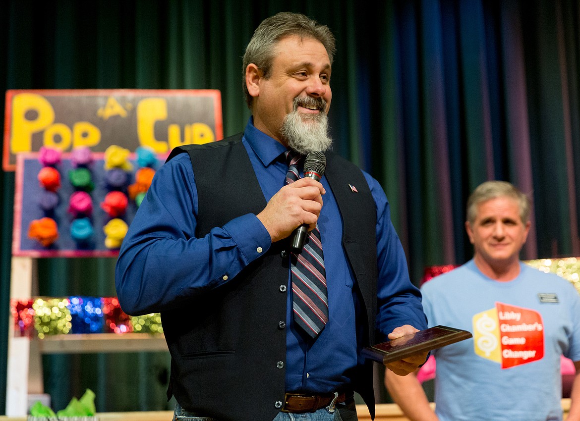 Libby Mayor Brent Teske speaks after being receiving the Libby Leadership award at the Libby Chamber of Commerce Banquet at the Libby Memorial Events Center Saturday night. (John Blodgett/The Western News)