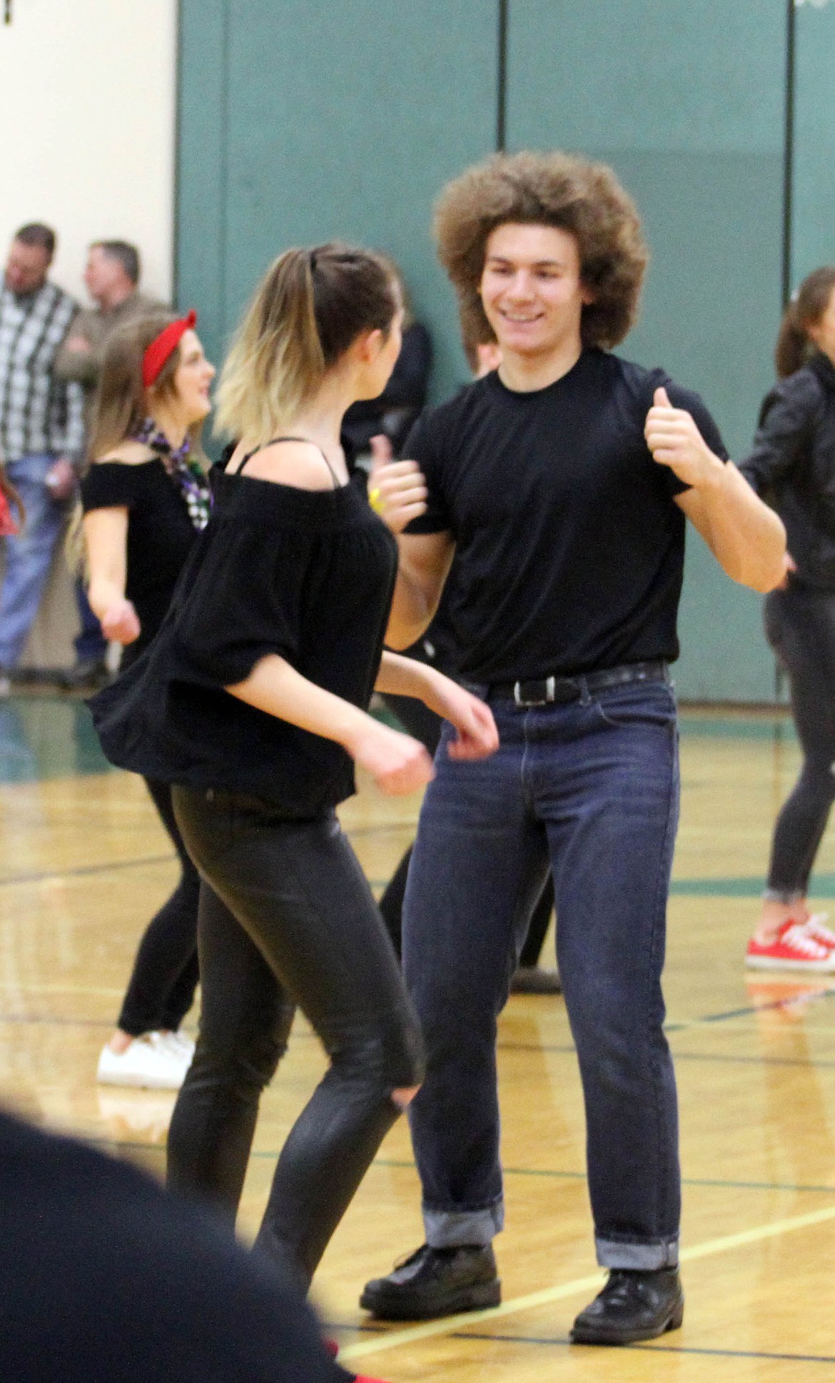 Photo by JOSH MCDONALD
Danny Zuko (Chase Jerome) and Sandra Olsson (Kat Rauenhorst) tell everyone that they&#146;re the one that they want during the Brawl for the Ball pep rally.