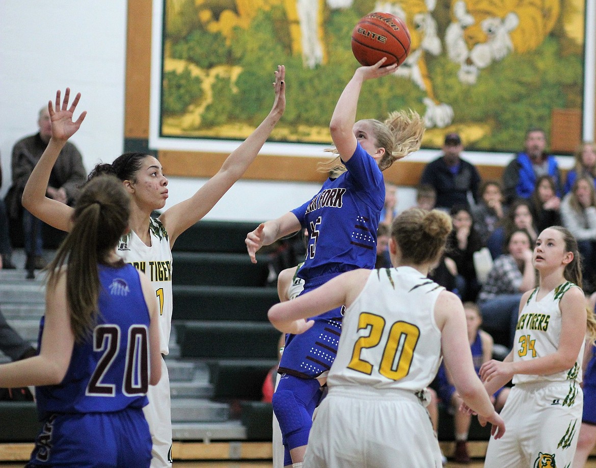 Senior, Hailey Kelly, goes in for a basket during a cross county game against St. Regis. Kelly was the games high-scorer with 17 points leading the Cats to a 43-25 win. (Kathleen Woodford/Mineral Independent).