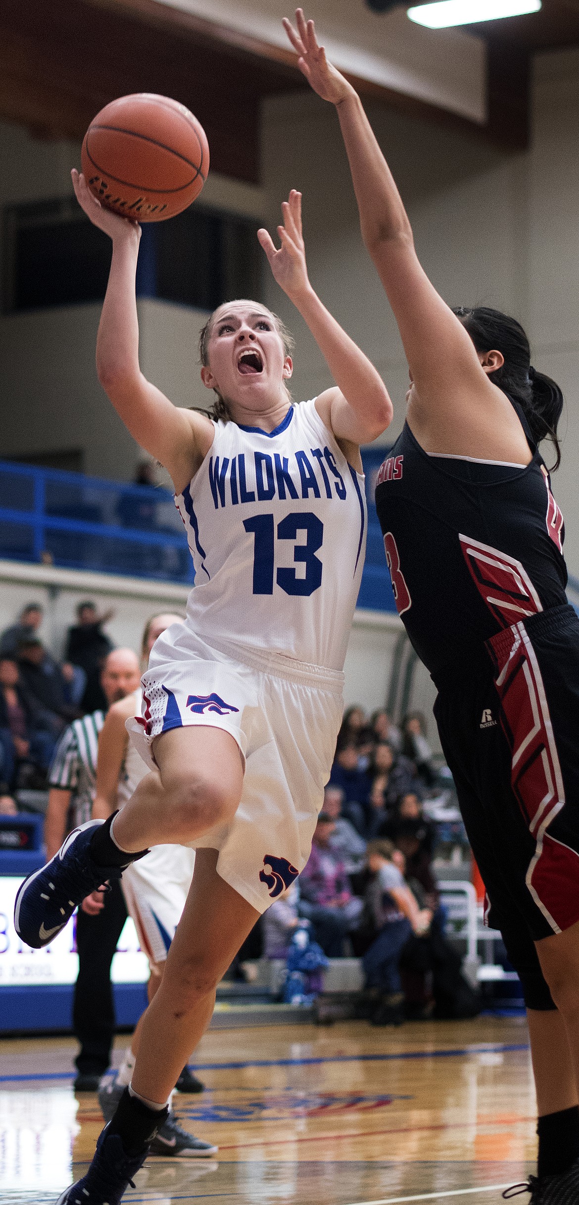 Hannah Gedlaman takes the ball to the hoop for two of her career-high 26 points against Browning Thursday. (Jeremy Weber photo)