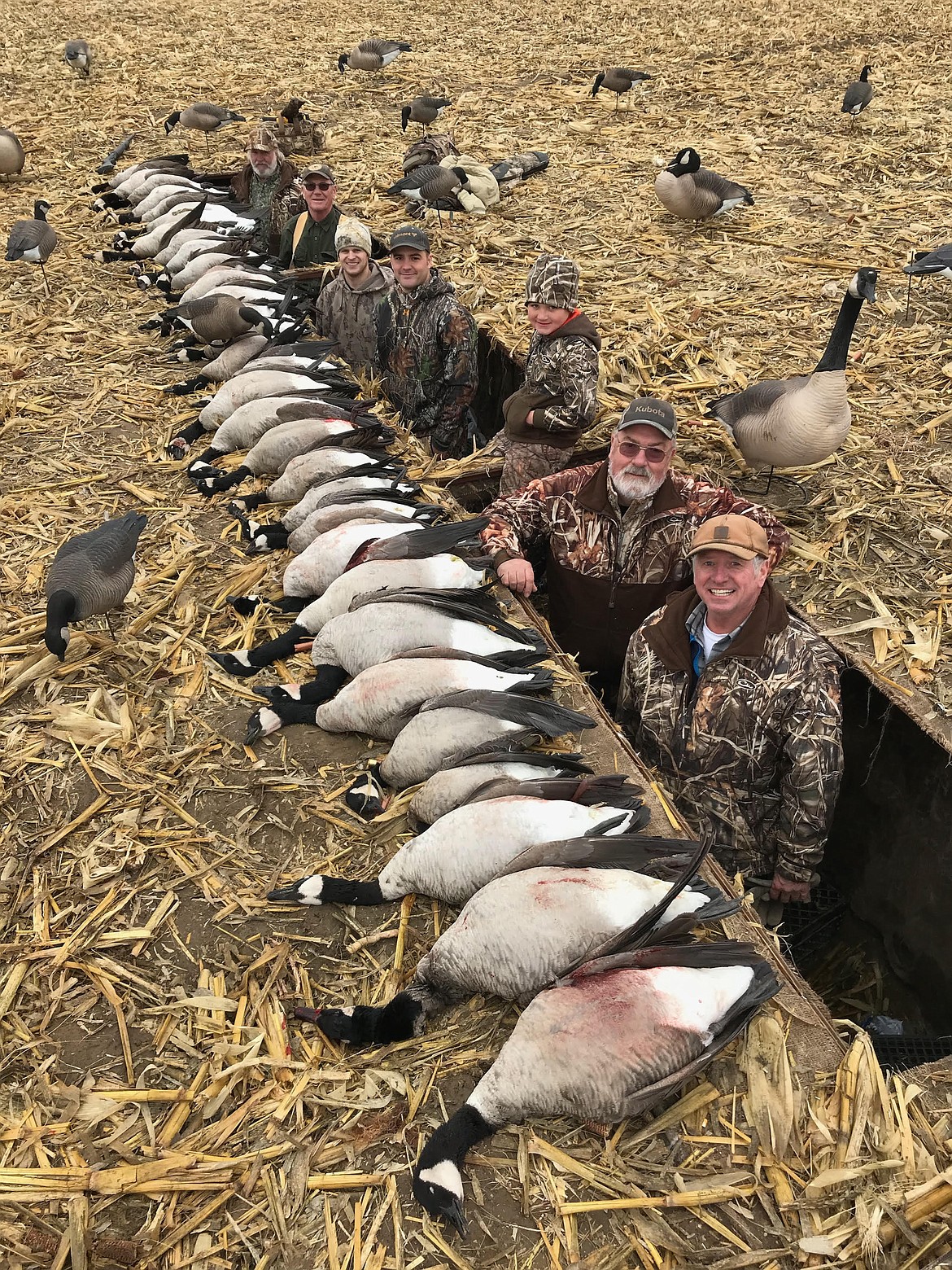 Pete Fisher photo - Spud Brown, Kelly Brown, Mason Meseberg, Josh Mathis, Cash Brown, Mike Meseberg and Clyde Foster enjoyed a limited goose hunt on Royal Slope with Levi Meseberg.