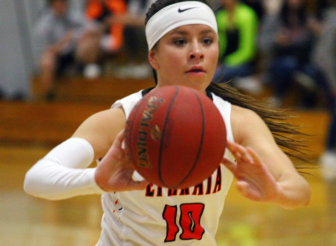 Rodney Harwood/Columbia Basin HeraldEphrata senior Sarai Kibby (10) rotates the ball on the perimeter in the Tigers CWAC game against East Valley Tuesday night.