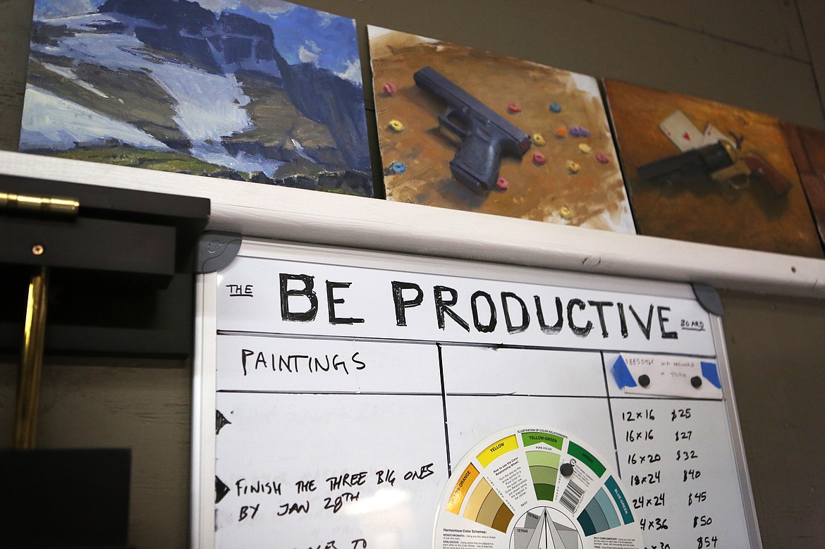 Kenneth Yarus uses his &quot;Be Productive Board&quot; to keep track of gallery and show deadlines. (Mackenzie Reiss/Daily Inter Lake)