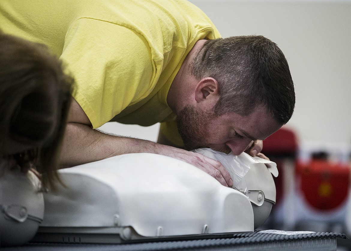 Josh Martin gives a manakin oxygen during a CPR training class Thursday afternoon at CPR Central in Coeur d&#146;Alene. (LOREN BENOIT/Press)