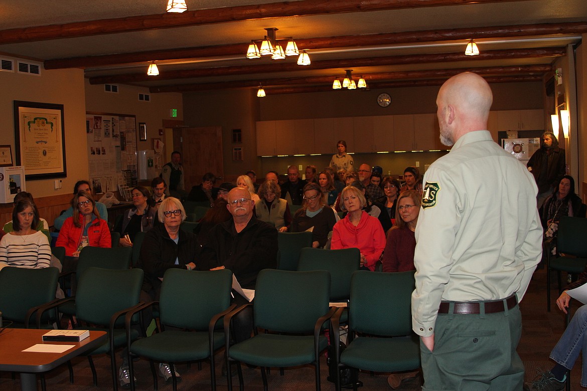 Kevin Kensek, a minerals and geology program manager for the Idaho Panhandle National Forests, takes questions from the audience at a meeting on the Green Mountain silica drilling proposal on Thursday.
(Photo by
KEITH KINNAIRD)