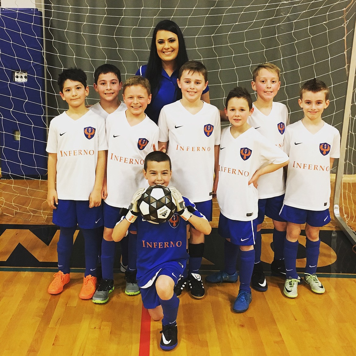 Courtesy photo
The North Idaho Inferno FC 2008 beat FC Spokane 9-3 in an indoor soccer league game last Friday at the HUB Sports Center in Liberty Lake. In the front is Braden Smith; second row from left, Ethan Luna, Brady Navarrete, Jackson Reiswig, Paxton Grant, Reid Thompson, Collin Brunn and Marty Babb; and rear, coach Ashley Rider.