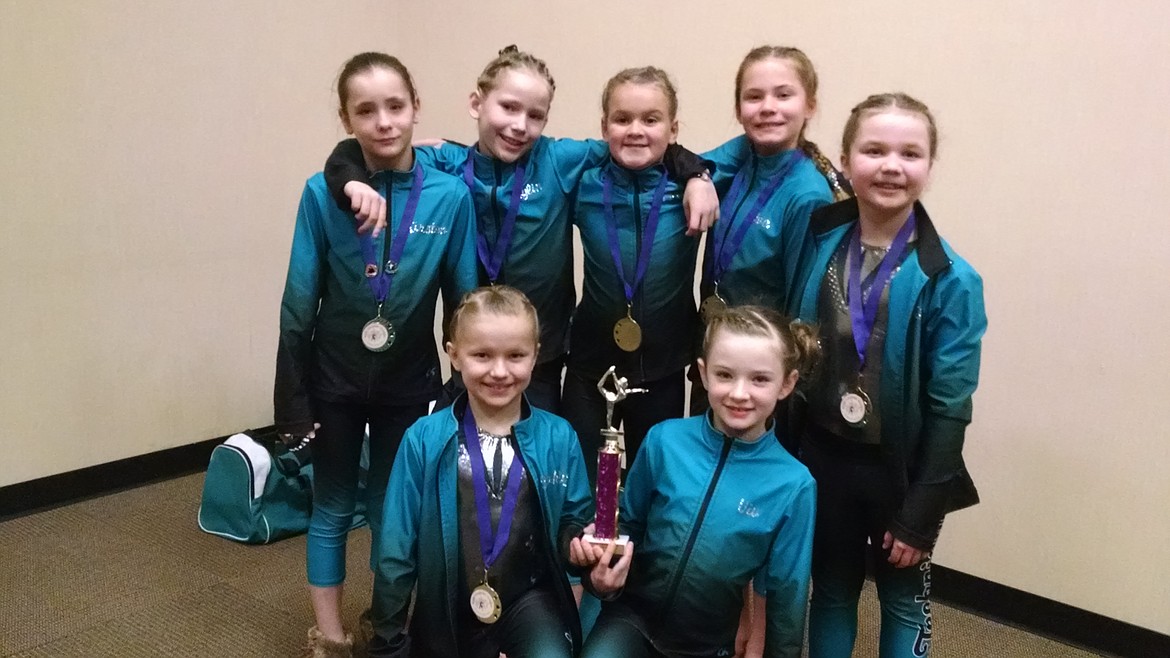 Courtesy photo
Technique Gymnastics Level 3s traveled to Kennewick, Wash., for the Wine Country Classic in memory of Rod Ostboe. In the front row from left are Brooklynn Widmer and Viviann Crebs; and back row from left, Kirsten Iames, Jaylin Koneval, Elsa Laker, Ava Nordberg and Khloe Martin.