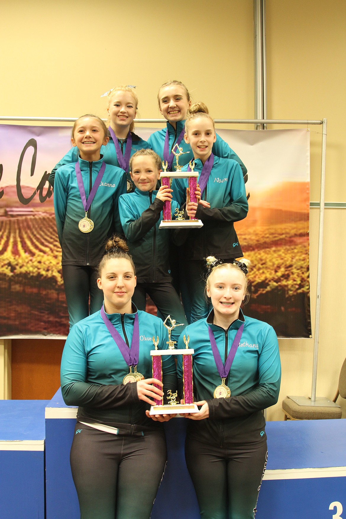 Courtesy photo
Technique Gymnastics traveled to Kennewick, Wash., for the Wine Country Classic in memory of Rod Ostboe. In the front row from left are Xcel Platinum gymnasts Mallory Okon and Bethany Frey; second row from left, Level 5s Dianna Bustillos, Cadence Wurster and Naomi Fritts; and back row from left, Xcel Platinum gymnasts Natalie Brett and Ana Pearse.