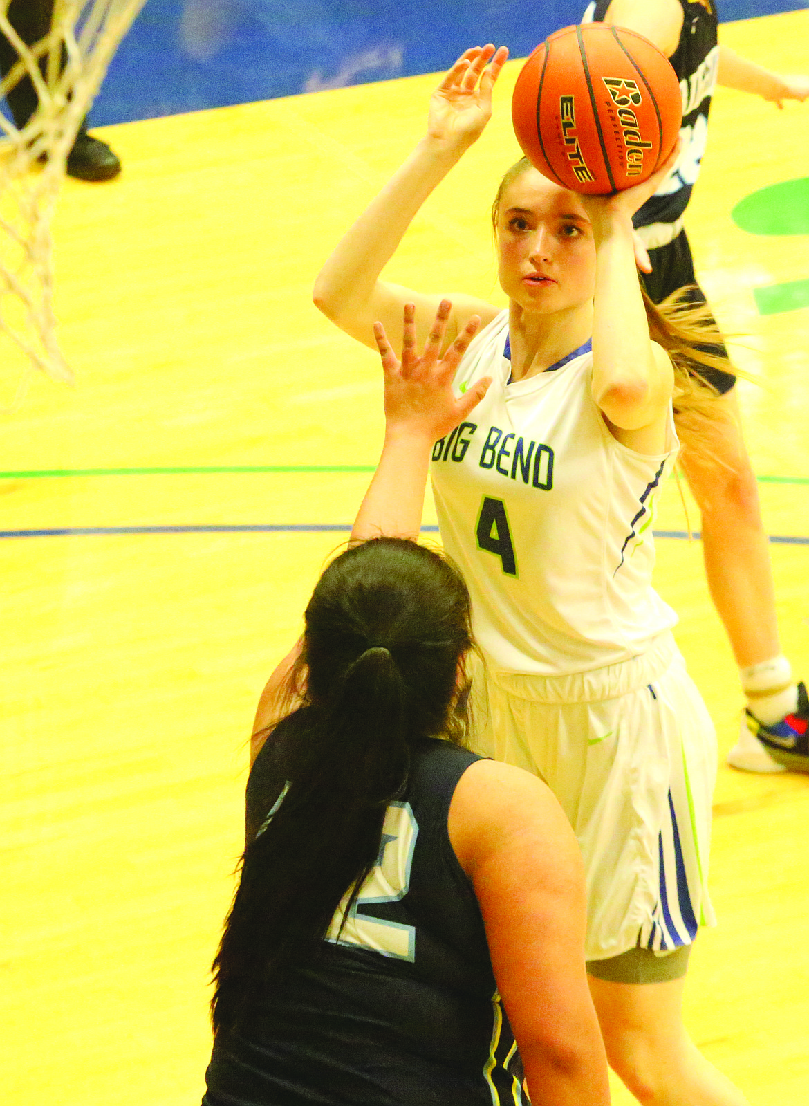 Connor Vanderweyst/Columbia Basin Herald
Big Bend forward Hailey Garrity pulls up for a shot against Spokane in the first half. Garrity scored 17 of her 18 points in the first half.