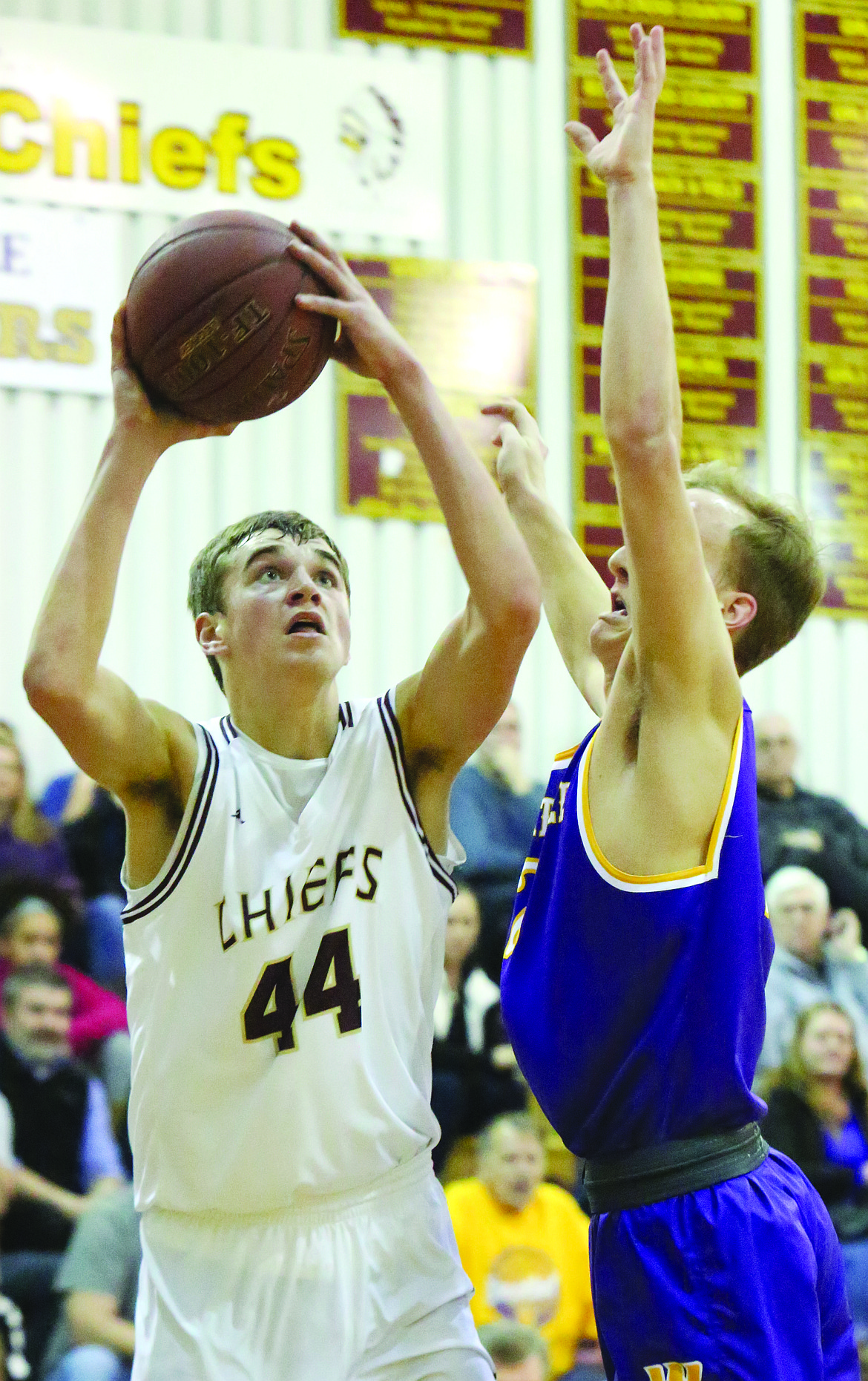 Connor Vanderweyst/Columbia Basin Herald
Moses Lake forward Kyle Karstetter (44) turns and shoots against Wenatchee.