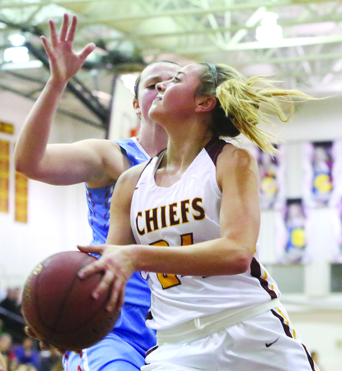 Connor Vanderweyst/Columbia Basin Herald
Moses Lake guard Madisyn Clark drives baseline against West Valley.