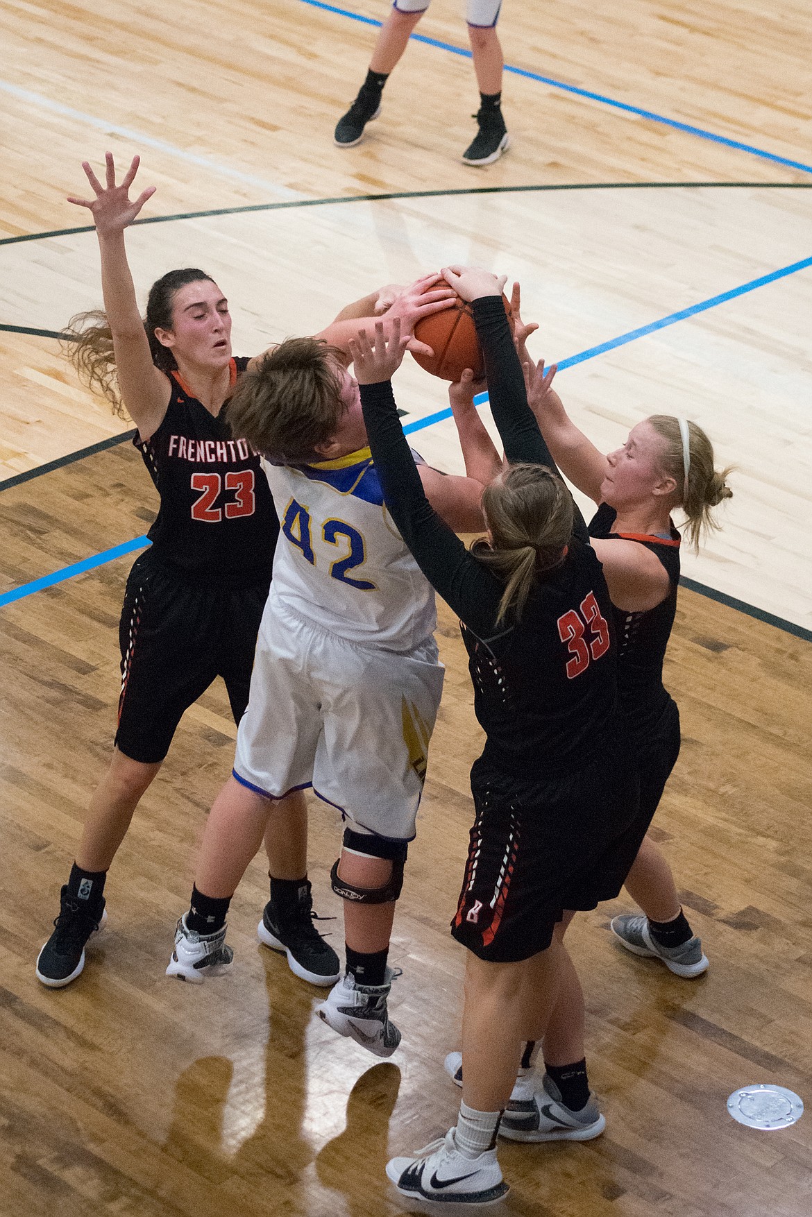 Though Libby&#146;s Shannon Reny was denied a basket by the Frenchtown defense, the resulting foul sent her to the free throw line, where she made Libby&#146;s only point of the third quarter. (Ben Kibbey/The Western News)