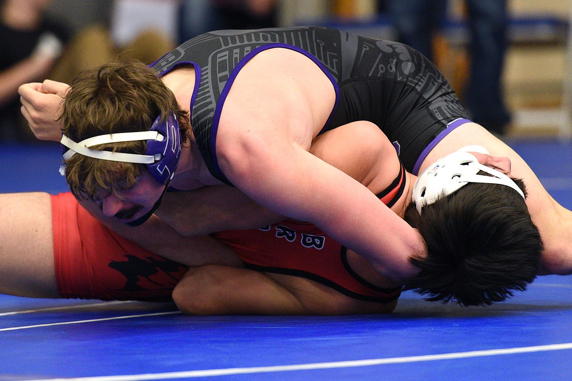 Polson&#146;s Noah Humphrey wrestles Browning&#146;s Ryan Longtimesleeping at 182 pounds at the Western A Divisional seeding tournament at Columbia Falls High School on Friday. Longtimesleeping won by pin. (Casey Kreider/Daily Inter Lake)