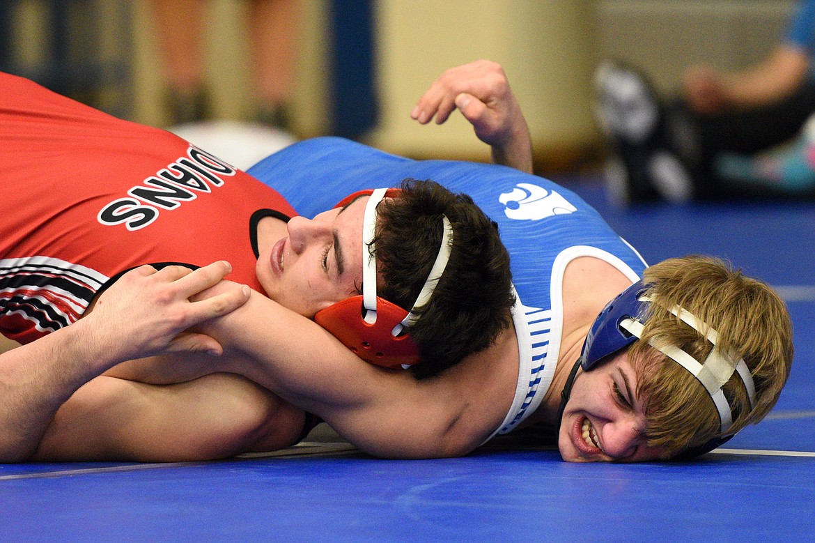 Columbia Falls&#146; Braydon Stone wrestles Browning&#146;s Ryan Kipp at 160 pounds at the Western A Divisional seeding tournament at Columbia Falls High School on Friday. Stone won by decision, 17-10. (Casey Kreider/Daily Inter Lake)