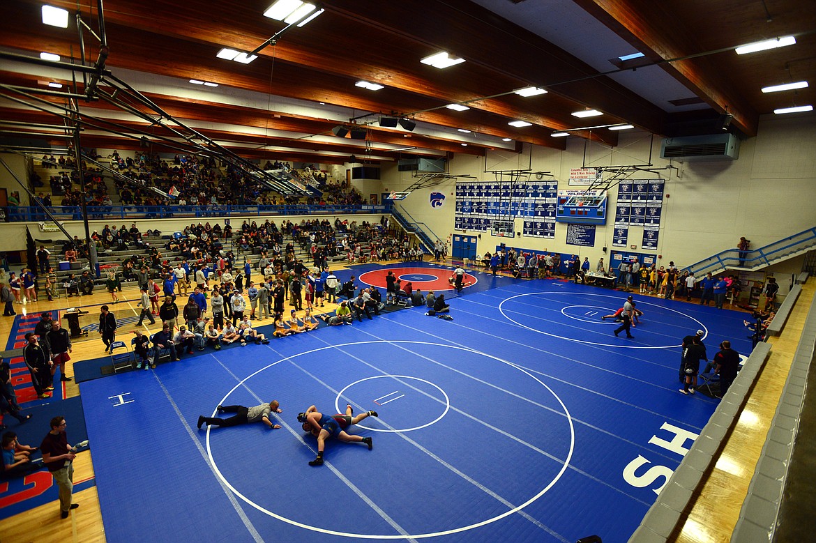 Wrestlers compete in the Western A Divisional high school wrestling seeding tournament at Columbia Falls High School on Friday. (Casey Kreider/Daily Inter Lake)