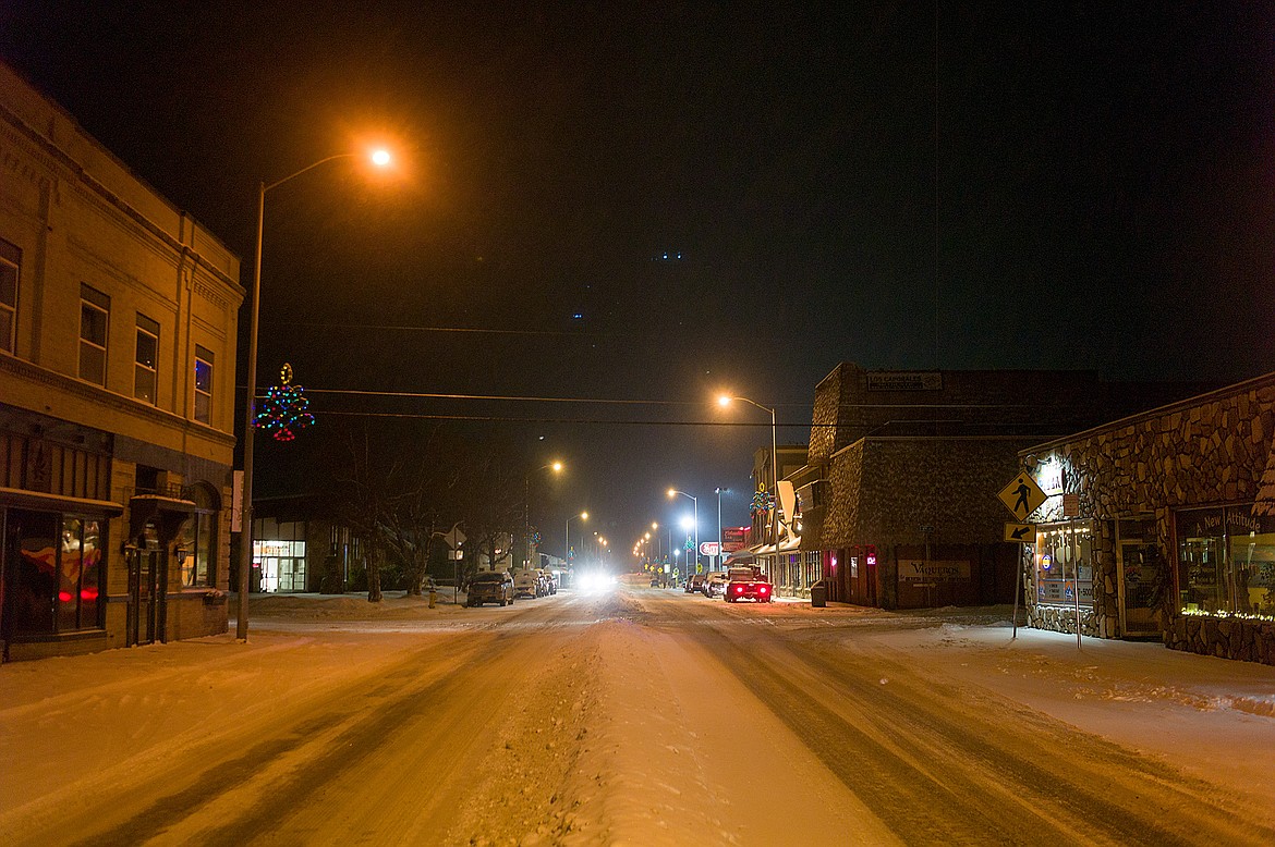 A snowy Nucleus Avenue Monday night.