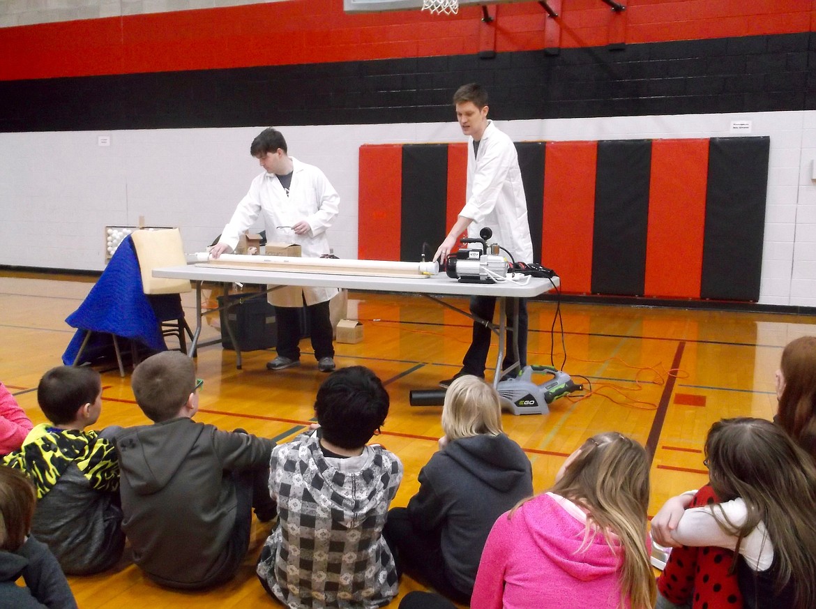 Principal Todd Howard said that the presentations concluded with a grand finale where a vacuum pump was used to generate a difference in air pressure. The air was then allowed to rush into the PVC tube; causing a ping-pong ball to shoot through a card board box and crush an aluminum can.