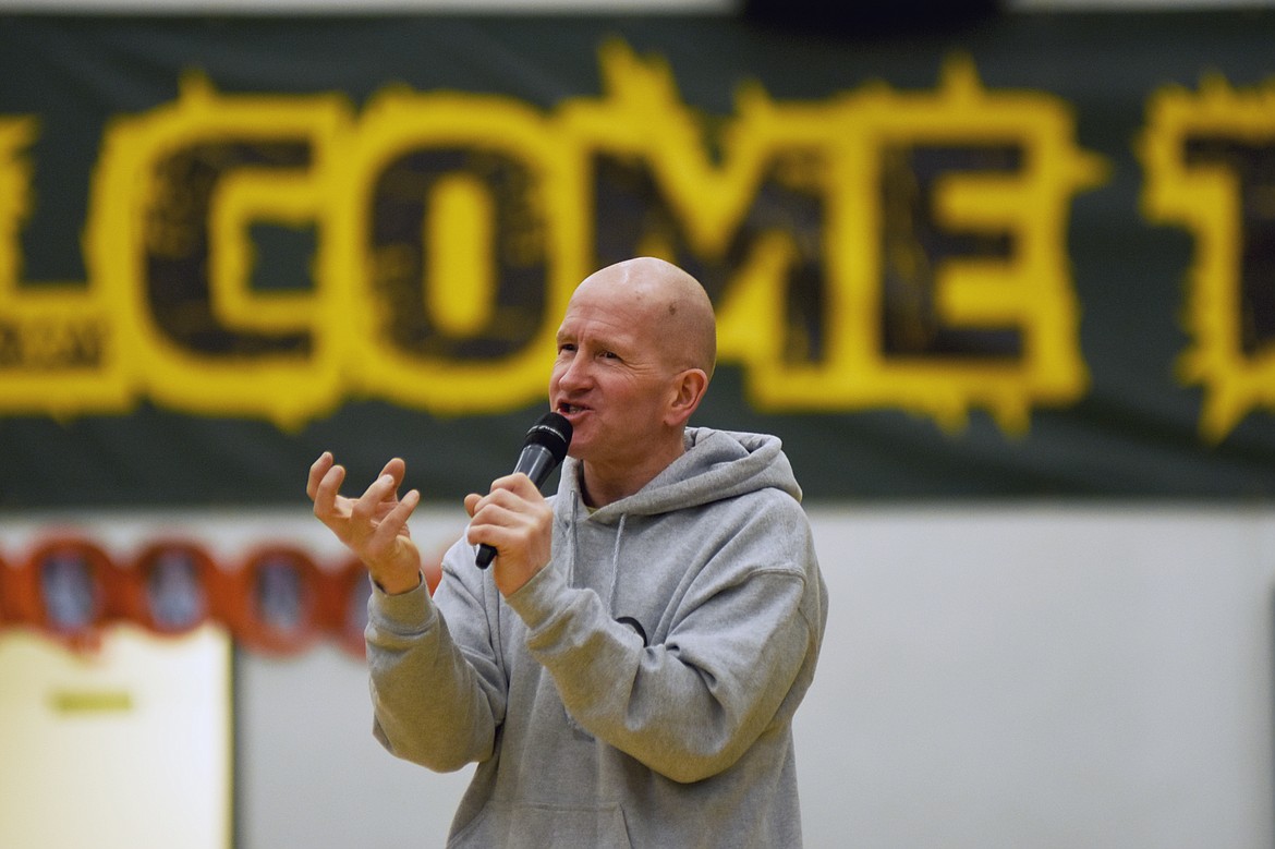 Michael &quot;Eddie the Eagle&quot; Edwards, the first Olympic ski jumper from Great Britain, spoke with Whitefish High School students Jan. 30 about his career as a ski jumper and how he achieved his dreams. (Daniel McKay/Whitefish Pilot)