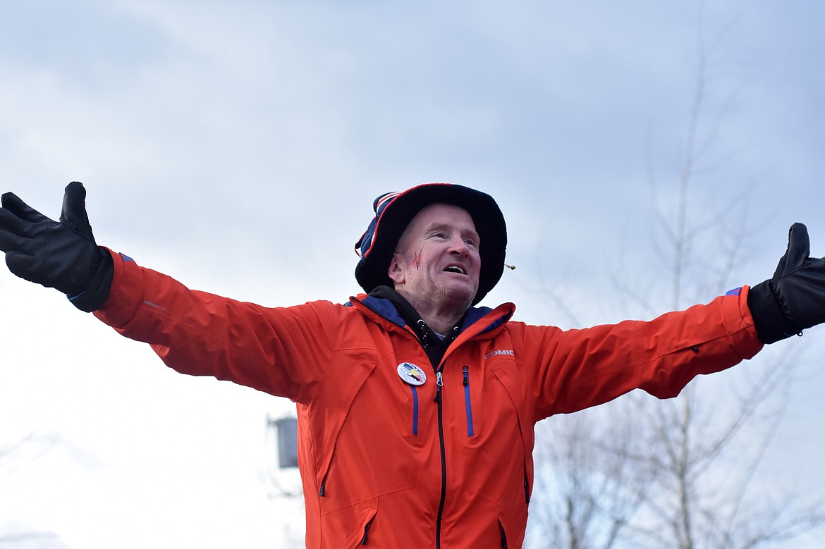 Grand Marshal Michael &quot;Eddie the Eagle&quot; Edwards rides in the Whitefish Winter Carnival Grand Parade. This year&#146;s theme for the 59th  annual Carnival was &#147;Fly Like an Eagle.&#148; (Heidi Desch/Whitefish Pilot)