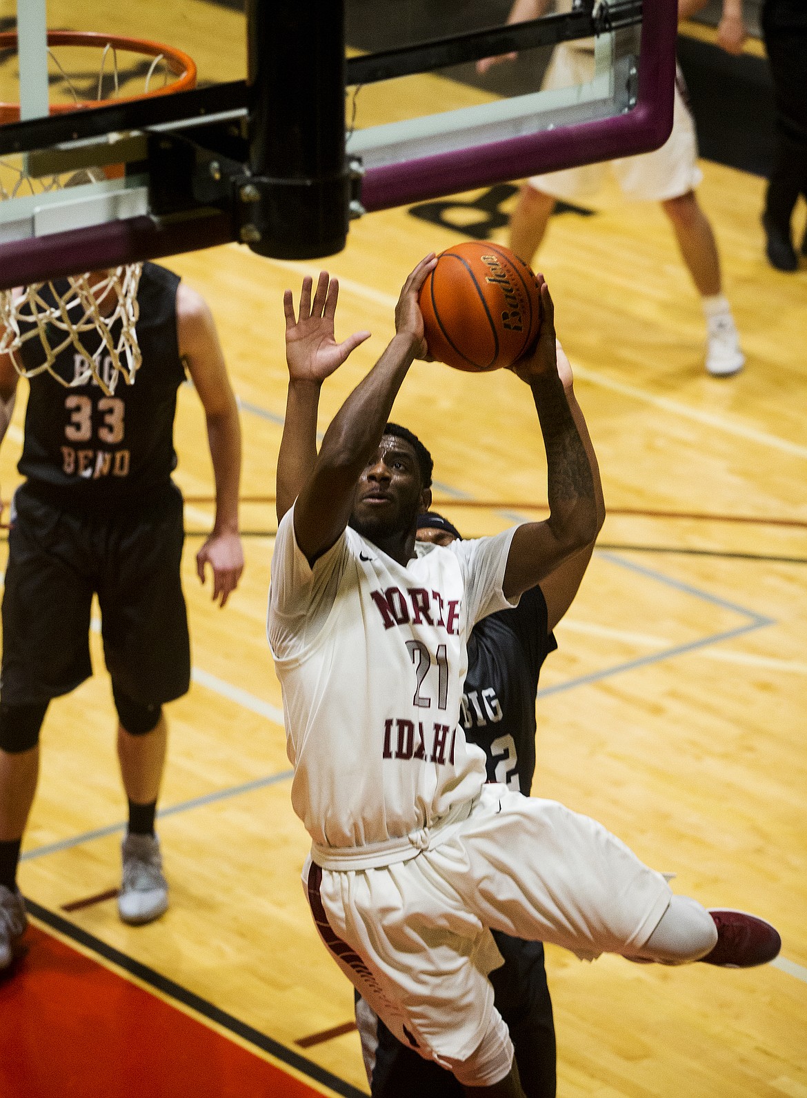 Charles Williams of North Idaho College goes for a layup against Big Bend Community College last Wednesday at NIC.