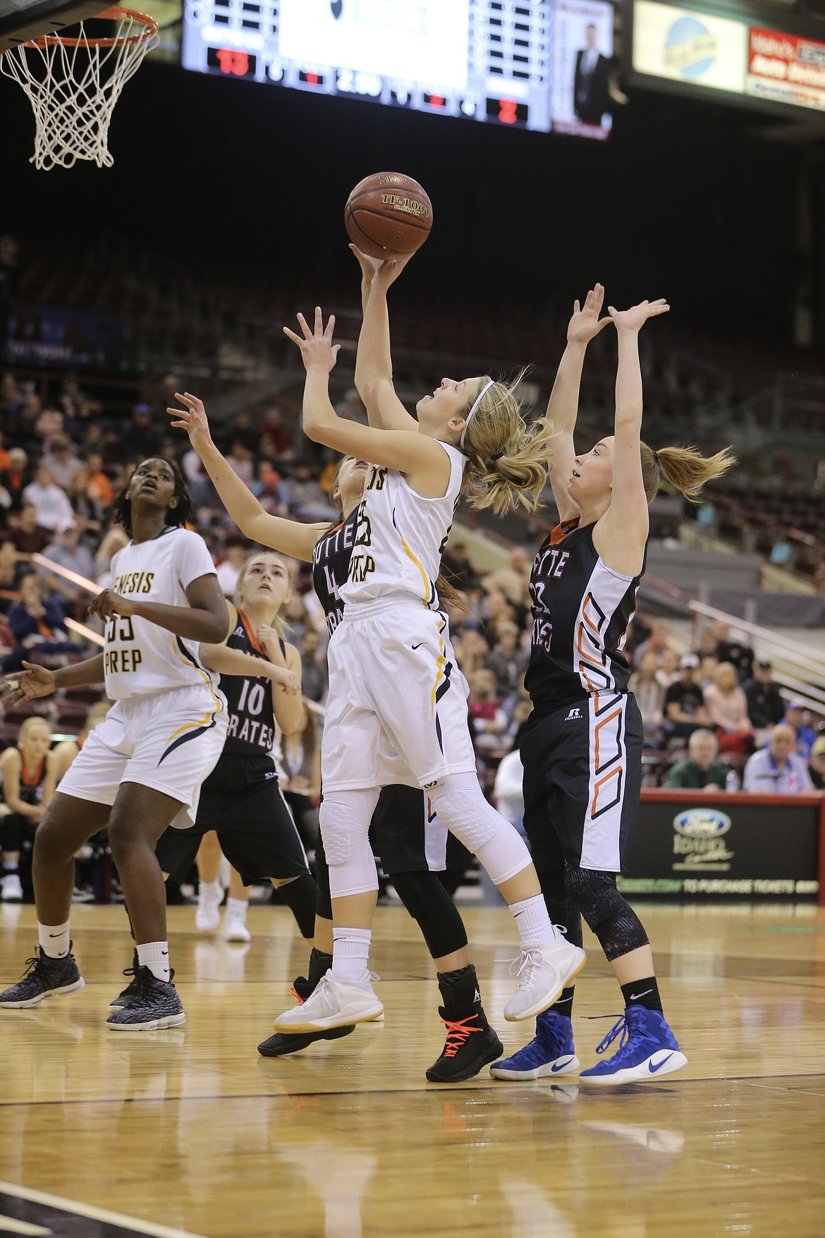 JASON DUCHOW PHOTOGRAPHY
Rachel Schroeder of Genesis Prep goes up for a shot against Butte County in the title game of the state 1A Division II girls basketball tournament Saturday at the Ford Idaho Center in Nampa.