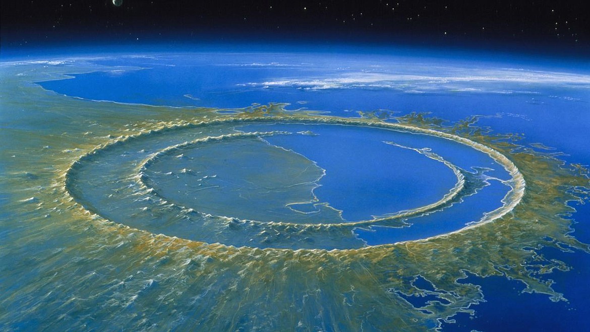 GOOGLE IMAGES
Artist's conception of giant crater left by asteroid or comet crashing into Mexico&#146;s Yucat&aacute;n Peninsula at Chicxulub 66 million years ago.