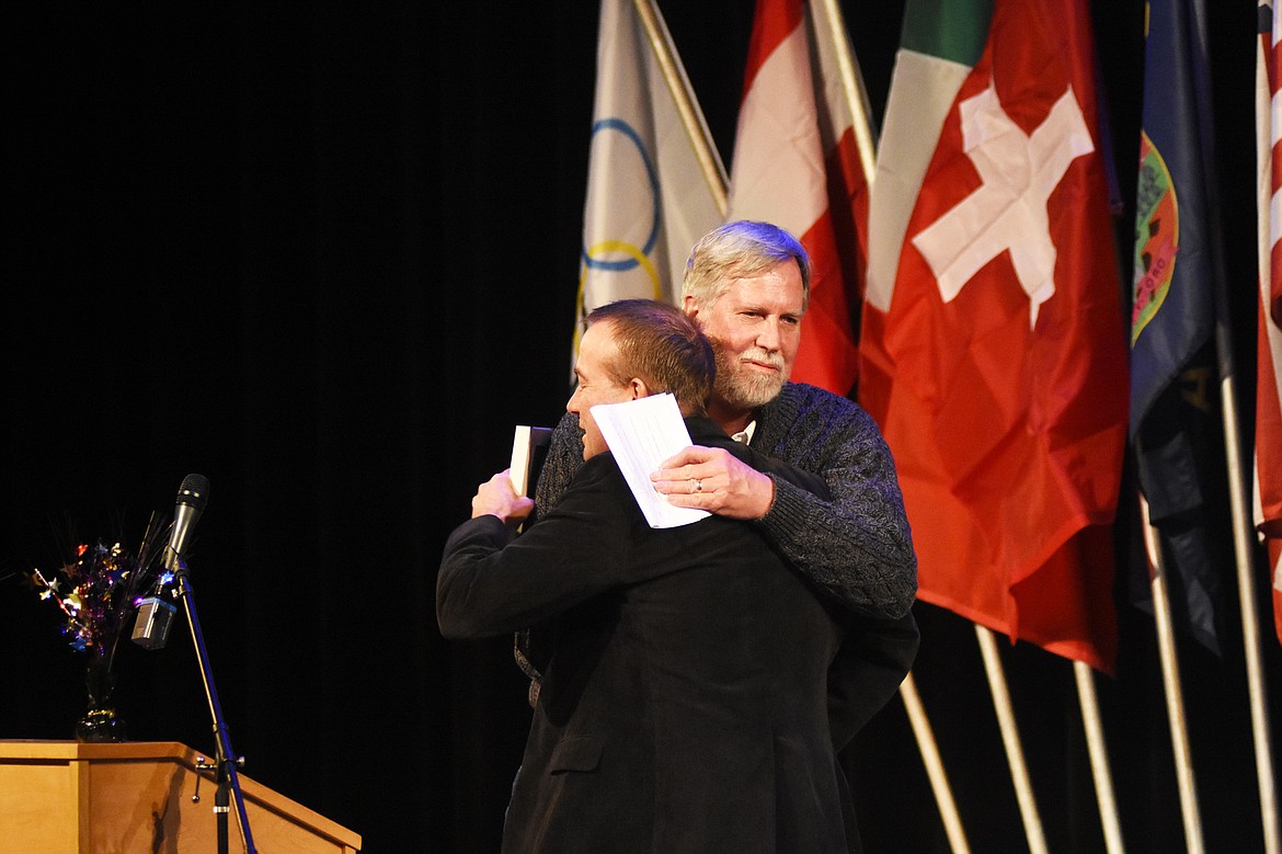 Chamber executive director Kevin Gartland embraces Tony Veseth, who was named Chamber Volunteer of the Year at the Whitefish Chamber Awards Gala Feb. 7 at the O'Shaughnessy Center.