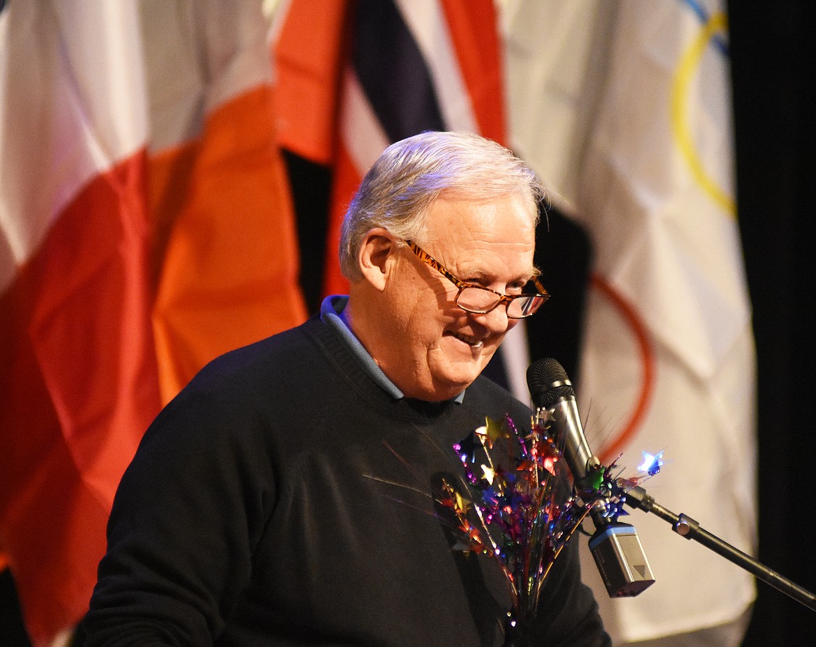 Former Whitefish Mayor Mike Jensen presented Linda Engh-Grady with the Whitefish Chamber of Commerce&#146;s Great Whitefish Award during the awards gala event Feb. 7 at the O'Shaughnessy Center.